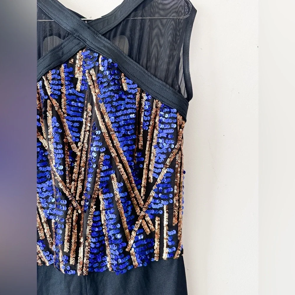 Weissman One Piece Skating & Dance-Black/Blue/Gold Sequins -Sleeveless- Size 7/8 - Picture 2 of 8